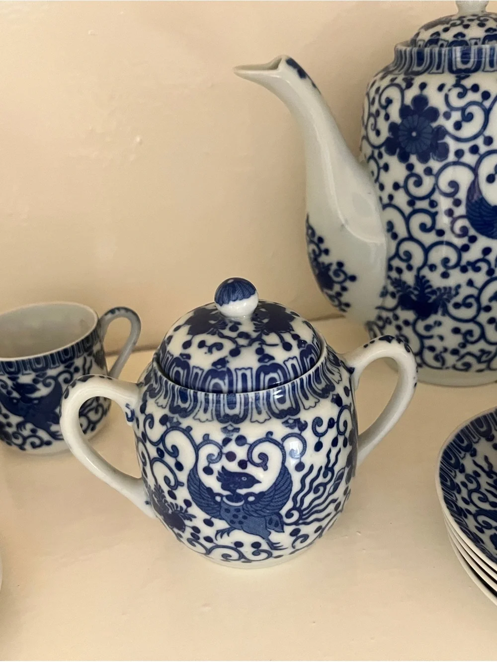 Vintage Blue & White Porcelain Phoenix Tea Set - Made in Japan (12pc)
